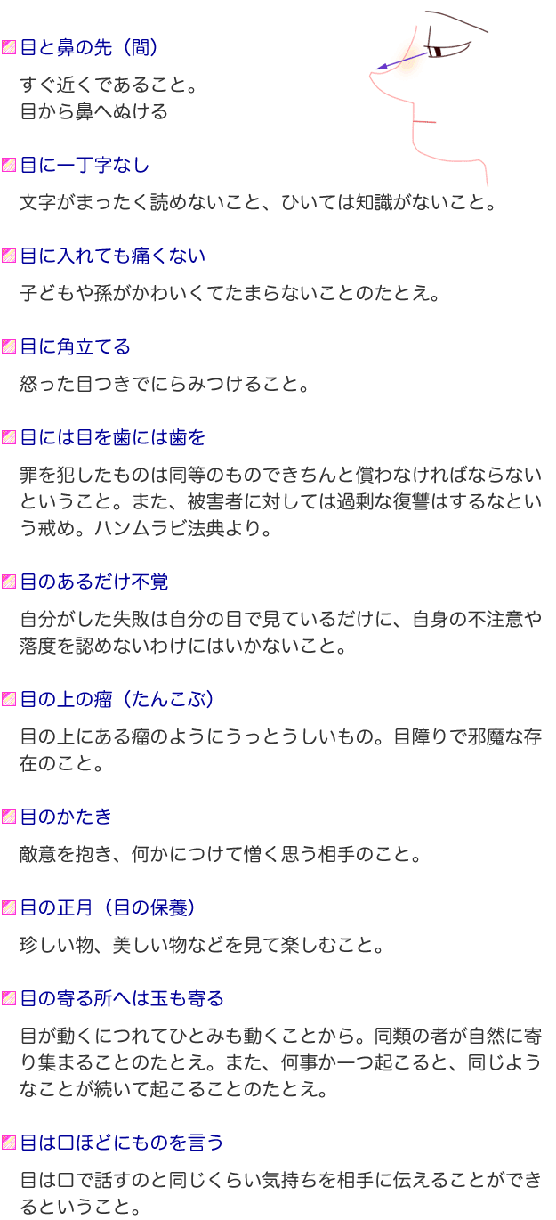 ことわざ 目 今日のことわざ『目は口ほどに物を言う』の意味、由来、類義語、対義語、使い方、英語表現などをエピソード付きで解説！